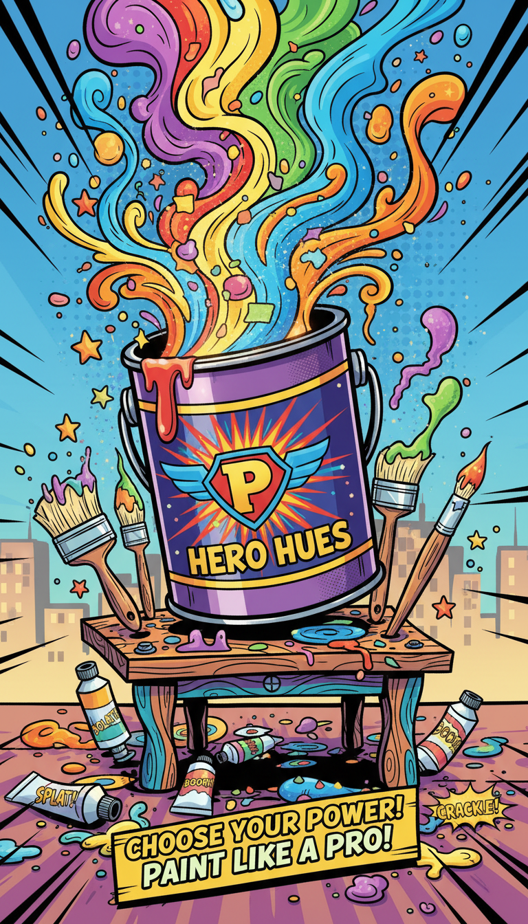 An oversized, comic-style paint can with a bright superhero logo bursting off the label sits atop a whimsically exaggerated workbench surrounded by paintbrushes and sparkly, animated paint splatters. The paint can emits a radiant aura of glowing, saturated color, with studio-style lighting creating energetic highlights and cartoon shadows on the workbench. The image is viewed from a slightly elevated angle, with a bold, off-balance composition. The colors are vivid and the outlines thick, reinforcing the lively, playful tone. This image reflects the site’s tips on choosing the right paint products while capturing the comicbook spirit.