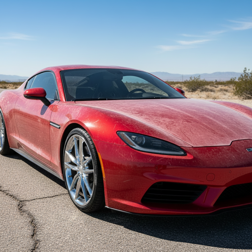 A much newer red car with a chrome wheel, showing a distressed paint job with faded paint and no water beads. The bad paint extends over the front fender as well.