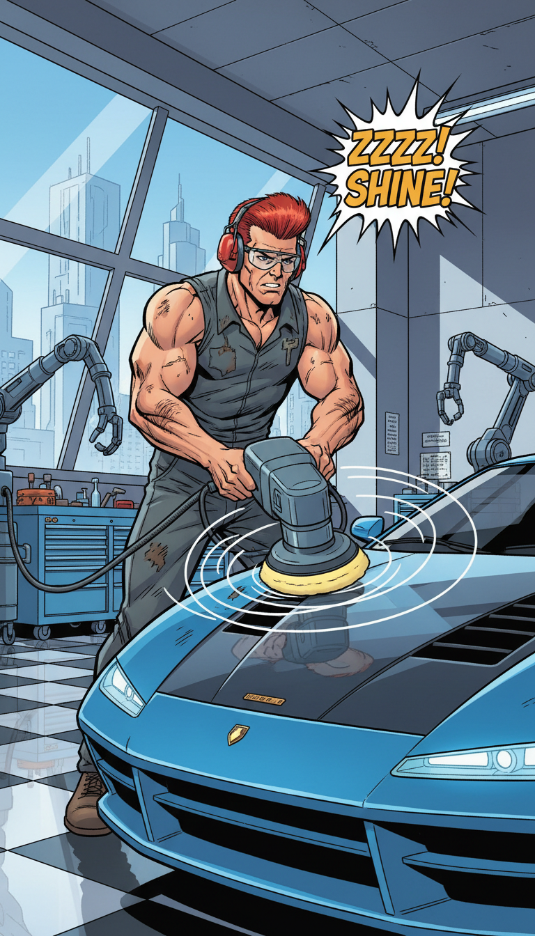 comic-style illustration of a character using a rotary polisher on a car's hood in a modern automotive shop